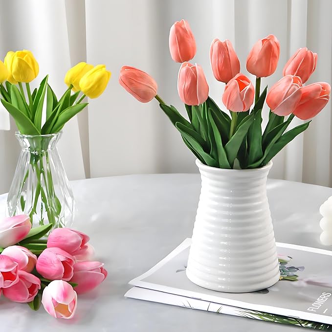 Pink 10 Pcs Artificial Tulip Silk Fake Flowers 13" for Home Office Wedding Decor Arrangement Bouquet Faux Flowers for Decoration