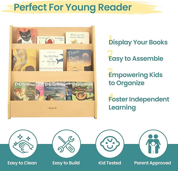 Kids Bookshelf for Toddlers, 3-Tier Wooden Montessori Bookshelf, Classic Style, Children's Bookcases, Nursery, Classroom, Playroom