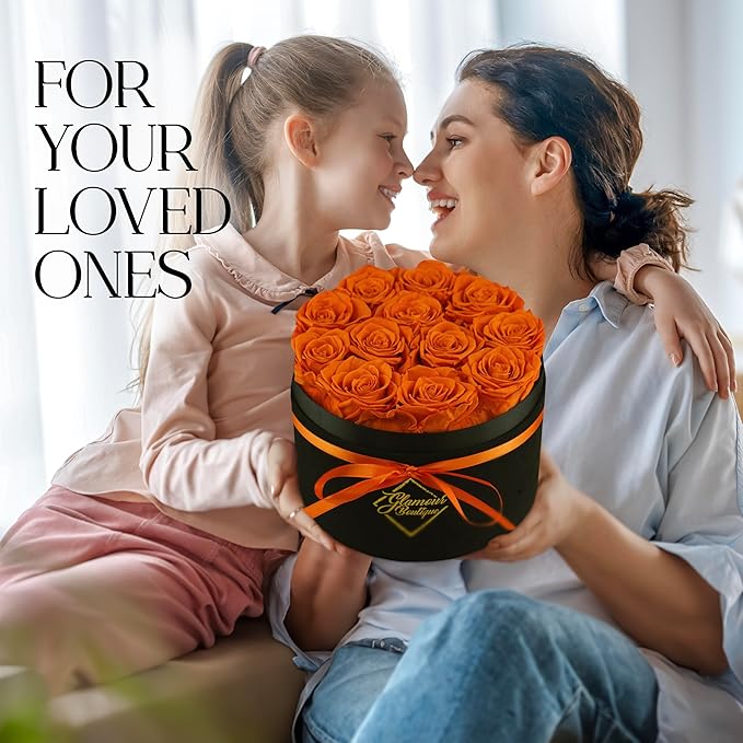 GLAMOUR BOUTIQUE Flowers Forever Gift Box 12 Real Preserved Roses in a Velvet Black Box, Birthday Rose Gift for Wife Mom and Her, Mothers Day, Anniversary, Graduation - Orange