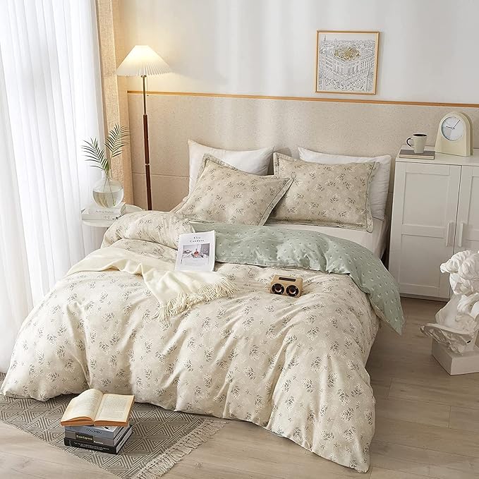 LifeTB Boho Floral Duvet Cover Twin Kids Girl Garden Style Bedding Sets 100% Cotton White Beige Sage Green Floral Branches Pattern Comforter Cover Lightweight Soft Chic Floral Bedding Collection
