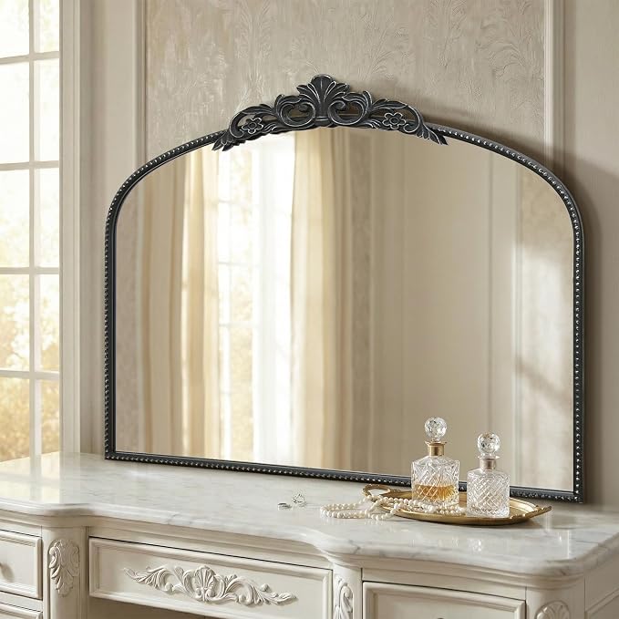 Micasso Large Vintage Black Mirror: 40"x29" French Baroque Antique Arched Mirror - Traditional Ornate Decorative for Wall/Fireplace/Mantel/Entryway/Bathroom/Hallway - Home Decor for Living Room