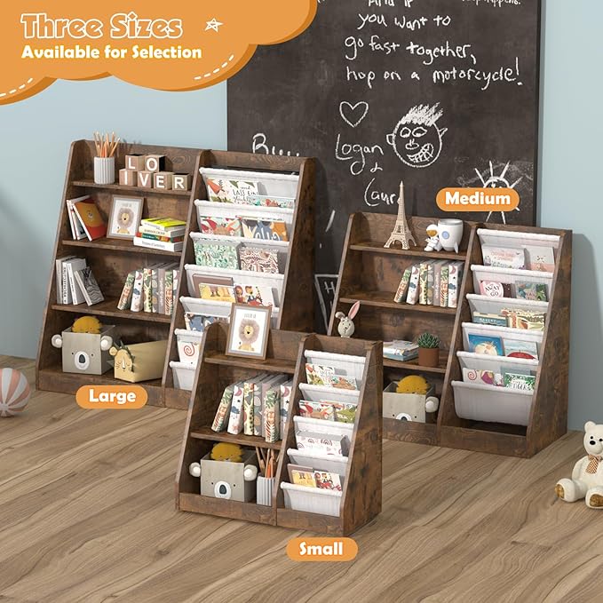 Kids Bookshelf for Bedroom Toddler Children Baby Bookcase 3-Tier for Nursery Book Toy Storage Organizer 4 Sling Adjustable Display Shelf Book Rack Wood Classroom Playroom Rustic Brown
