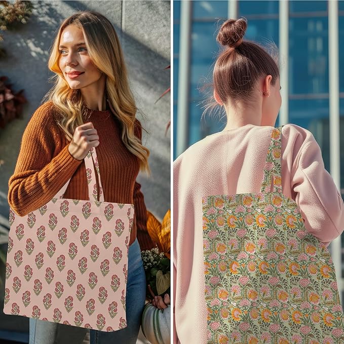 Decohim Multiple Packs Floral Japanese Print Canvas Tote Bag Reusable Grocery Bags Gifts for Women Girls Birthday Christmas