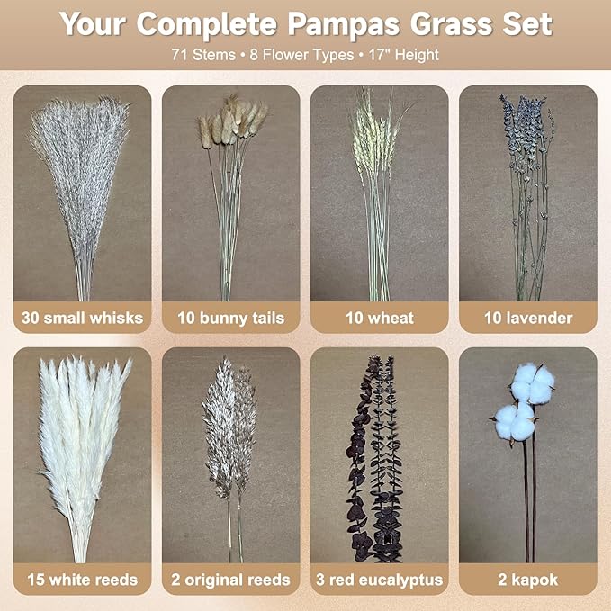 Pampas Grass Boho Home Decor 80PCS 17 inch Natural Dried Flowers for Vase Eucalyptus Stems Pompas Dried Flowers Bouquet DIY Arrangements Boho Wedding Bedroom Tables Rustic Decoration