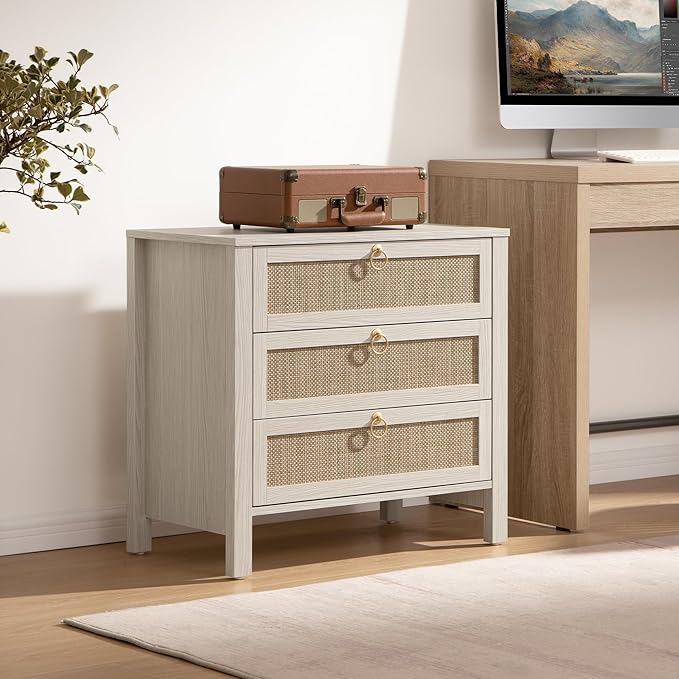 SICOTAS White Night Stand with Drawers - Large Rattan Bedside Table with Golden Handle, 3 Drawers Nightstand Tall End Table Side Table Boho Nightstand for Bedroom