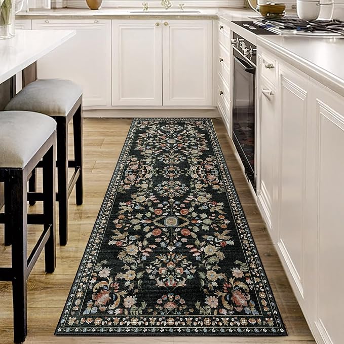 MUJOO Washable Runner Rug for Kitchen Hallways,2x6 Runner Rug Non Slip,Floral Carpet Runner for Bathroom Bedroom Laundry Floor,Long Mat Boho Indoor Vintage Low Pile Black