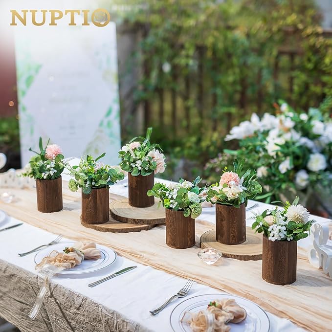 NUPTIO Wood Vases Rustic Centerpiece: 6 Pcs 5.1" Wooden Vase for Home Decor - Brown Small Vase for Wedding Table Living Room Shelf Decor