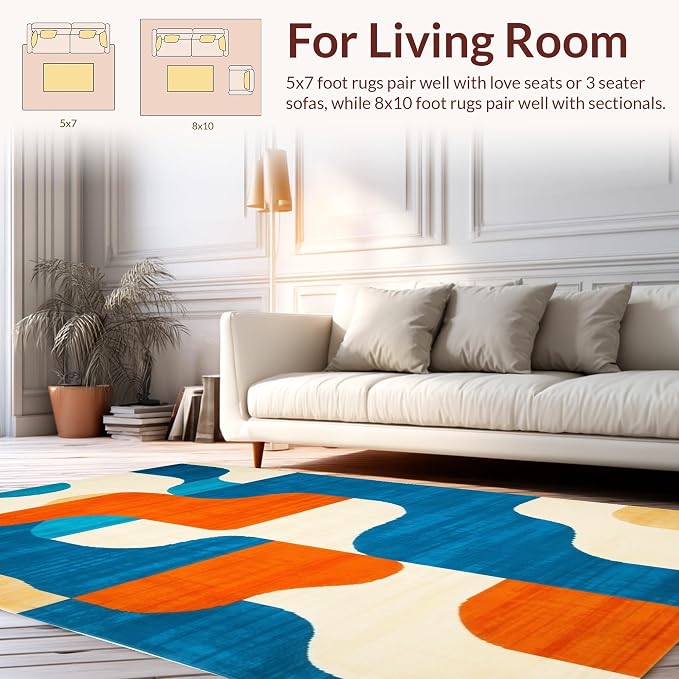 Flatwoven High Traffic Area Rug 5x7, Mid Century Motif Mastery, Non Slip, Stain Resistant, Washable Area Rugs for Living Room, Bedroom (Blue, 5x7)