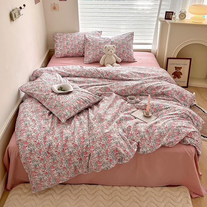 Duvet Cover Queen Pink Floral Bedding Set - Shabby Chic Boho Cotton Duvet Cover Set Queen Size - Breathable Comforter Cover with Zipper Ties,3 Piece Bed Set(1 Duvet Cover 90"x90" and 2 Pillow Shams)