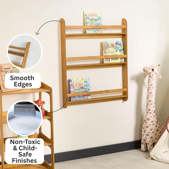 Montessori Wall-Mounted Bookshelf for Toddlers Toy Storage Shelf Organizer for Playroom and Classroom Floor Bookshelves for Kids Room (Oak, XL, 3)