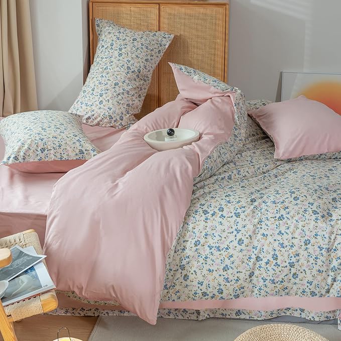 EAVD Vintage Style Garden Botanical Floral Duvet Cover Queen Soft 100% Cotton Pink Blue Yellow Floral Bedding Set with 2 Pillowcases Chic Botanical Duvet Cover with Zipper Closure