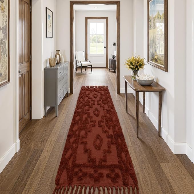 Uphome Boho Runners for Hallways 2' x 8', Washable Farmhouse Entryway Runner Rug, Cotton Tufted Bedroom Runner Rugs, Bohemian Tribal Aesthetic Rug for Kitchen Doorway Bathroom Living Room, Terracotta