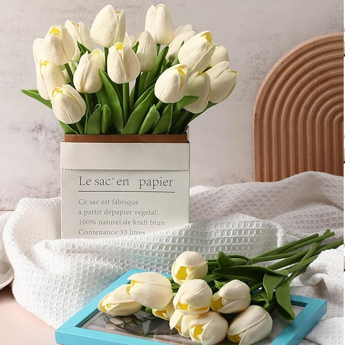 Janinka 75pcs Artificial Tulip Flowers Fake PU Tulips Faux Latex Bouquet Flower Centerpieces Arrangement Floral for Mother Day Wedding Spring Decorations (Milk White)