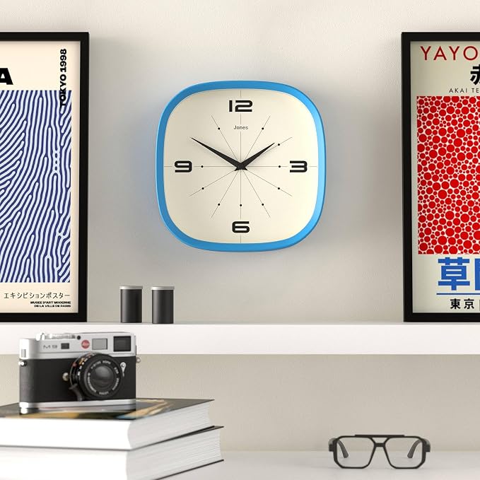 JONES CLOCKS® Pulsar wall Clock | Square Rounded Retro Clock | 10 inch | Blue | Cool Designer Look for Kitchen, Living Room or Office