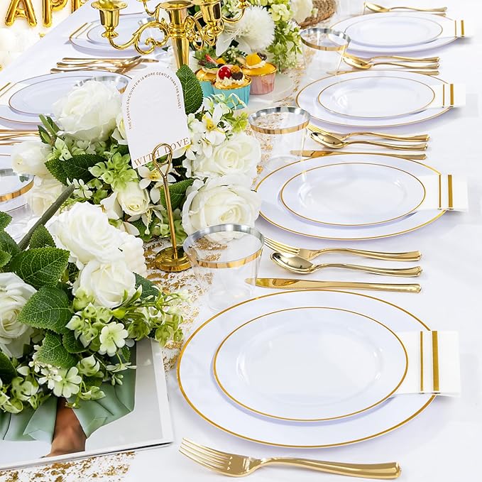 SUT 350 PCS Elegant White and Gold Disposable Dinnerware Set - Premium Dinner & Salad Plates, Cups, Napkins & Cutlery for 50 Guests - All-Inclusive Party Plastic Plates
