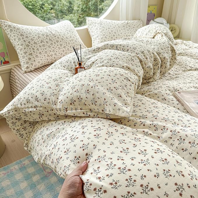 LifeTB 100% Cotton Muslin Duvet Cover Twin XL Vintage Botanical Floral Duvet Cover Ultra Soft Flower Comforter Cover Lightweight Soft Breathable Gauze Bedding Comforter Cover with 2 Pillowcases