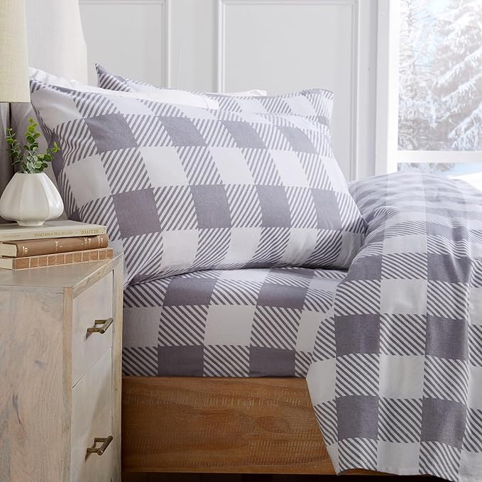 Market & Place 100% Turkish Cotton Flannel Sheet Set | 4 Piece Deep Pocket Novelty Cozy Winter Bed Sheets | Double Brushed for Extra Softness & Comfort | Alpine Collection (Full, Buffalo Check Grey)