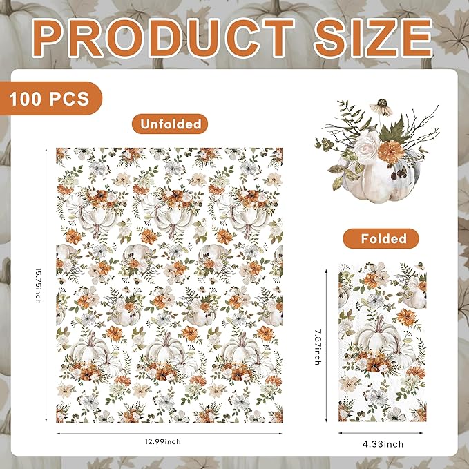 100pcs Thanksgiving White Pumpkin Paper Napkins 3 Ply Disposable Fall Pumpkin Guest Napkins Hand Towels for Bathroom Home Kitchen Table Harvest Party