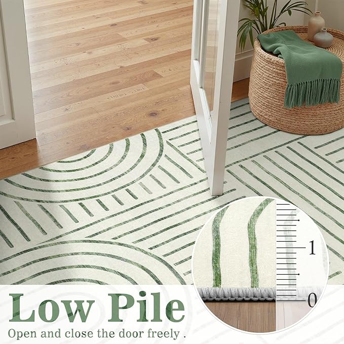DCX Abstract Machine Washable 3x5 Rug, Sage Green Modern Accent Rug for Living Room, Soft Low Pile Non Slip Carpet, Kid & Pet Friendly Stain Resistant Rug for Bedroom Dining Room Office