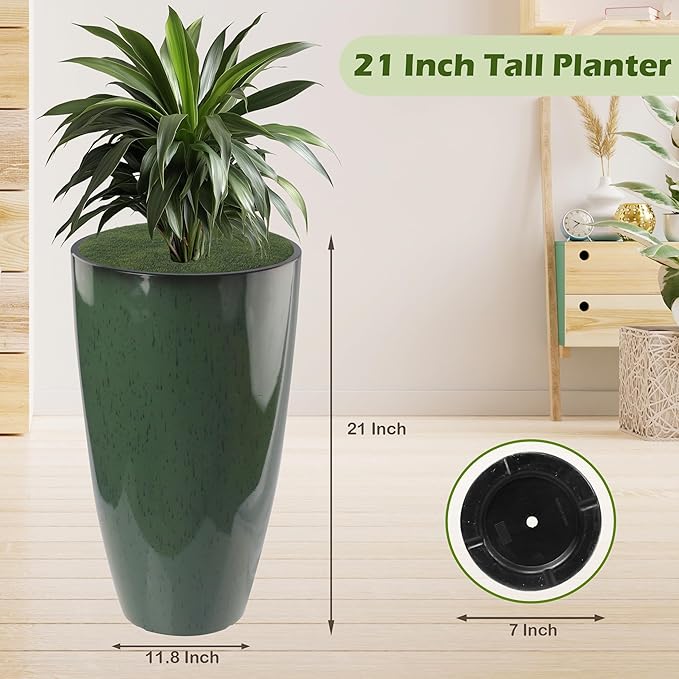 2 Packs 21 inch Tall Planter, Indoor Outdoor Round Planter for Porch, Large Plant Pot with Drainage Hole for Home Garden Front Door, Modern Decorative Pots for Plants (Green)