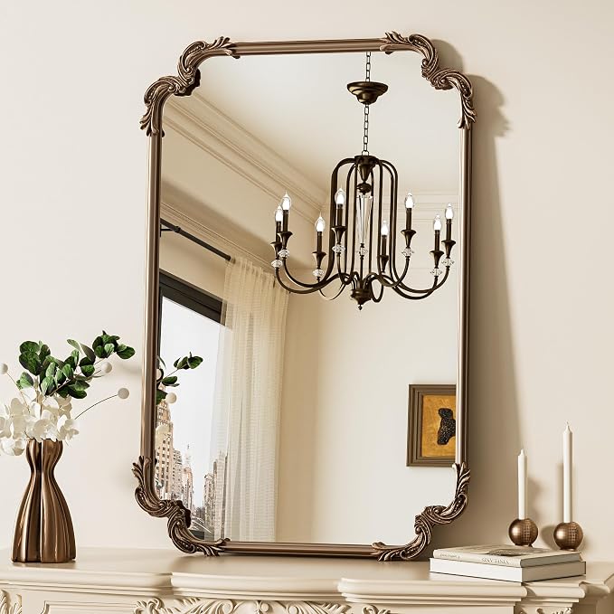TETOTE Antique Gold Brass Rectangle Mirror for Mantle Fireplace 24 x 36 Baroque Vintage Ornate Scroll Wall Mirror with Metal Frame for Traditional Victorian French Decor, Horizontal/Vertical
