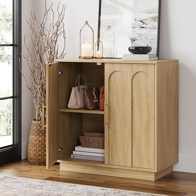 FORTUNETEC Sideboard Buffet Cabinet with Storage Set of 2, Mid Century Modern Accent Cabinet with Arched Doors, Modular Media Console, Credenza for Living Room Kitchen Dining Room Entryway, Oak