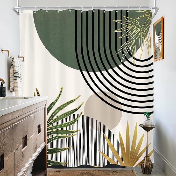KOMLLEX Mid Century Green Boho Shower Curtain 72Wx78L Inches Abstract Modern Shower Curtains for Bathroom Gold Plant Botanical Minimalist Arch Sun Fabric Liner Waterproof Polyester 12 Pack Hooks