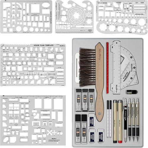 Nicpro 30PCS Professional Drafting Tools Set - Complete Geometry Kit with Case, Protractor, Rulers & Templates