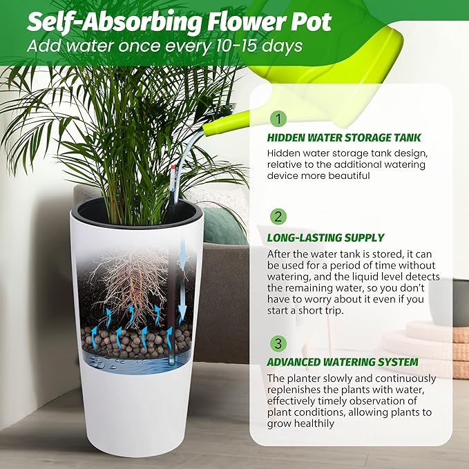 GarveeLife 30 in Tall Planters for Outdoor Plants Set of 2, Large Outdoor Planters for Front Porch Decor with Drainage Holes＆Water Level Monitor ＆Inner Bucket, Automatic Watering, White