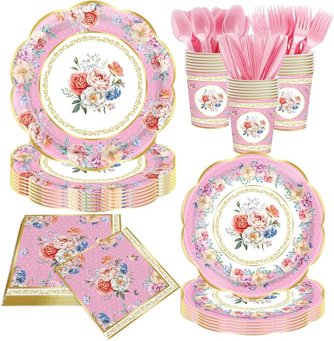 140Pcs Tea Party Decorations Tableware Set Floral Plates and Napkins for Birthday Party, Baby Showers, Bridal Showers, Wedding Bachelorette Party Supplies Floral Tea Party Plates, Serves 20 (Pink)