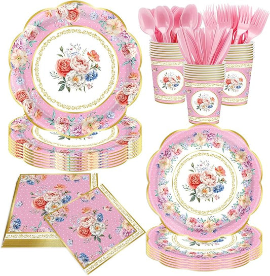 140Pcs Tea Party Decorations Tableware Set Floral Plates and Napkins for Birthday Party, Baby Showers, Bridal Showers, Wedding Bachelorette Party Supplies Floral Tea Party Plates, Serves 20 (Pink)