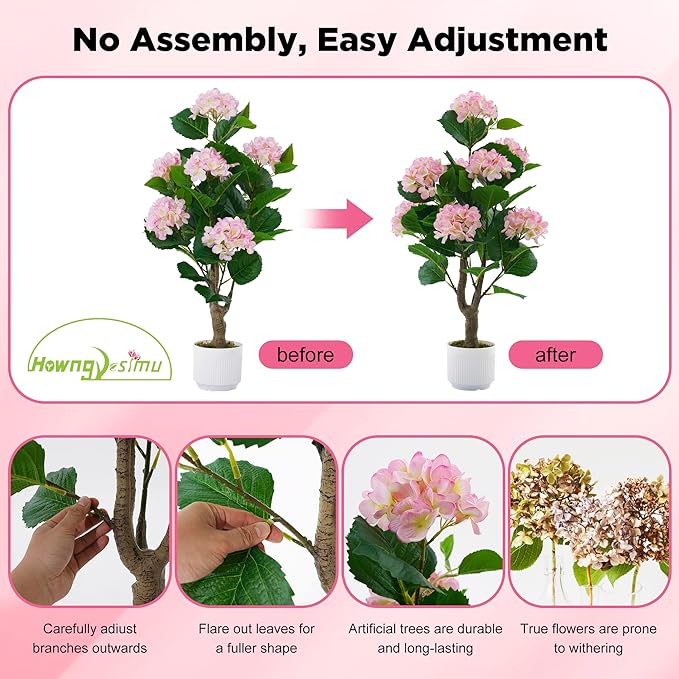 Artificial Hydrangea Tree 2 Pack, 3FT Faux Hydrangea Plant in Pot with Pink Flowers, Greenery Potted Plant for Indoor Outdoor Office Home Porch Decor, Pink