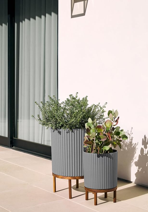 Veradek Demi Series Round Planter w/Stand for Porch/Patio | Durable Plastic-Stone Composite & Wooden Stand | Modern Décor for Tall Plants, Flowers