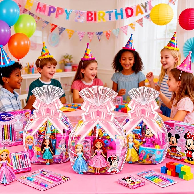 PigPotParty 16"x24" Clear Cellophane Gift Bags - Includes Pink Bows – 10 Pack Cellophane Wrap for Gift Baskets, Plastic Gifts Bags for Girl's Birthday, Baby Shower, Wedding, and Bridal Shower