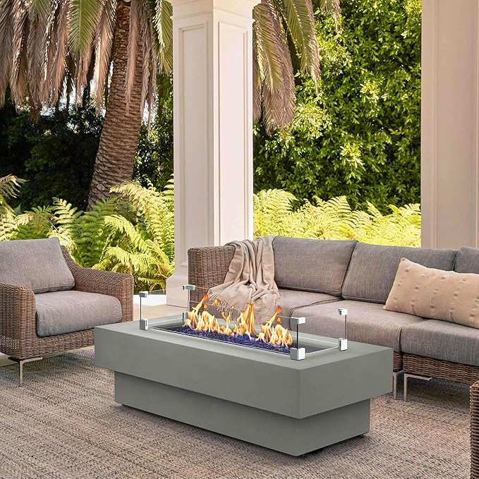 Outdoor Low Profile Fire Table with Wind Glass Shield, 48-inch Rectangle Propane Gas Fire Pit Table, 50,000 BTU Modern Firepit w/Lid, Fire Glass, Cover, Pre-Attached 10ft Propane Hose