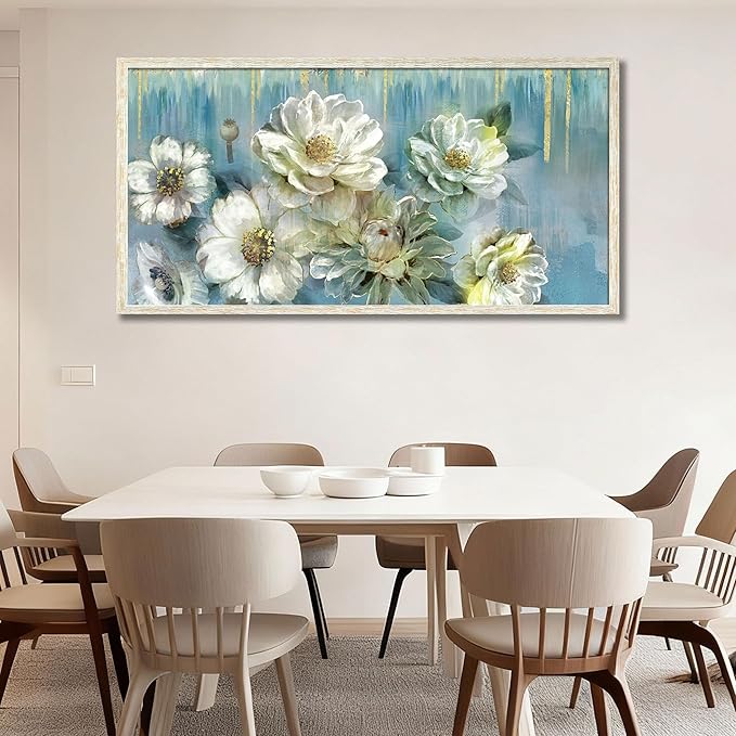Ardemy Teal Canvas Wall Art Large Framed Magnolia White Floral Pictures Wall Decor Textured Painting Flowers Turquoise Artwork for Living Room Bedroom Dining Room Home Office, 58"x29"