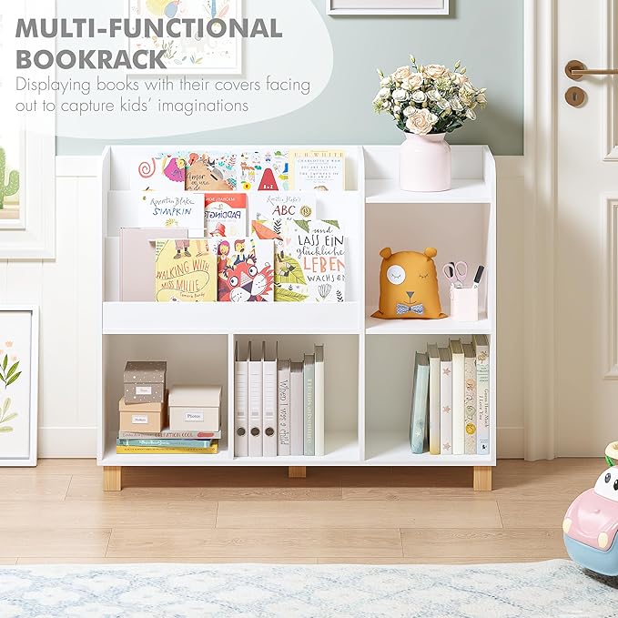 Spirich Kids Bookshelf and Toy Storage, Children Cube Organizer Bookcase Shelf, Tall Kids Book Rack for Bedroom, Playroom and Nursery, White
