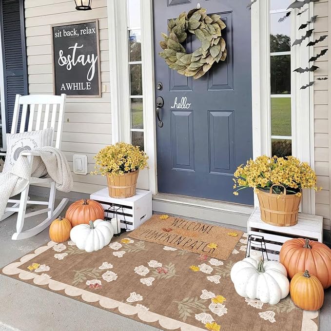 3x5 Floral Entry Rug - Small Washable Indoor Outdoor Mats for Front Door Non-Slip Porch Rug Tan Boho Neutral Farmhouse Throw Rugs for Living Room Bedroom Entryway Kitchen Office Porch Decor