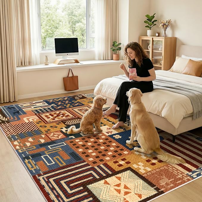 8x10 Southwestern Patchwork Large Area Rug, Geometric Tribal Colorful Rugs for Living Room, Non-Slip Stain Resistant Washable Indoor Carpet for Bedroom, Entryway, Dining Room, Home Office Decor