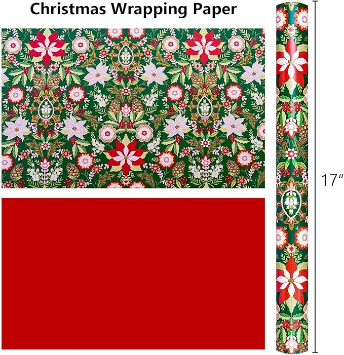 MAYPLUSS Christmas Wrapping Paper Roll - 17IN X 33FT - Vintage Gift Wrapping Paper Featuring Christmas Flower Against Green Reversible Red for Kids, Holiday, New Year