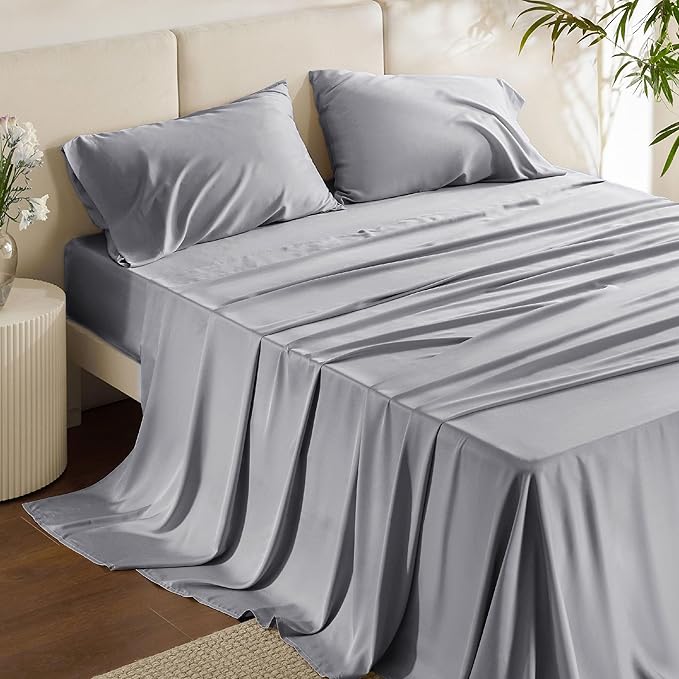 Bedsure King Size Sheet Set, Cooling Sheets, Rayon Derived from Bamboo, Deep Pocket Up to 16", Breathable & Soft, Bed Sheets, Hotel Luxury Silky Bedding for Hot Sleepers, Silver Grey