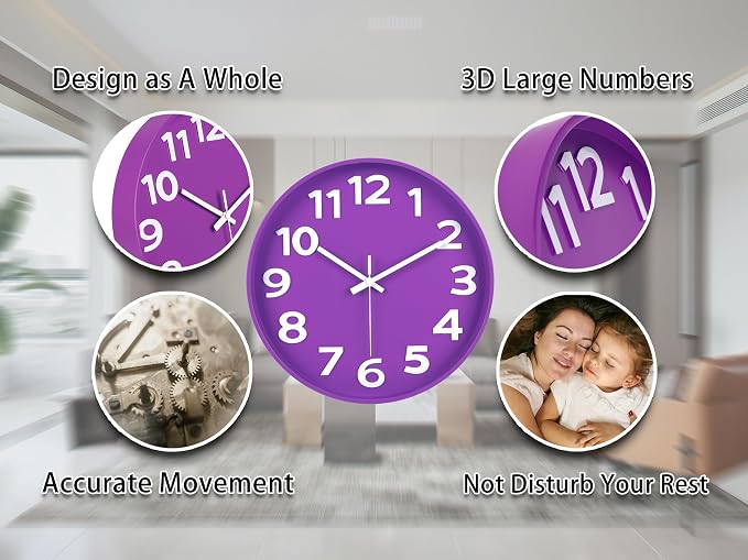 45MinST 12-Inch Modern Indoor Outdoor Wall Clock, Silent Non-Ticking, Large Numbers, Accurate Timekeeping, Perfect Decorative Accent for Home or Office (Purple)