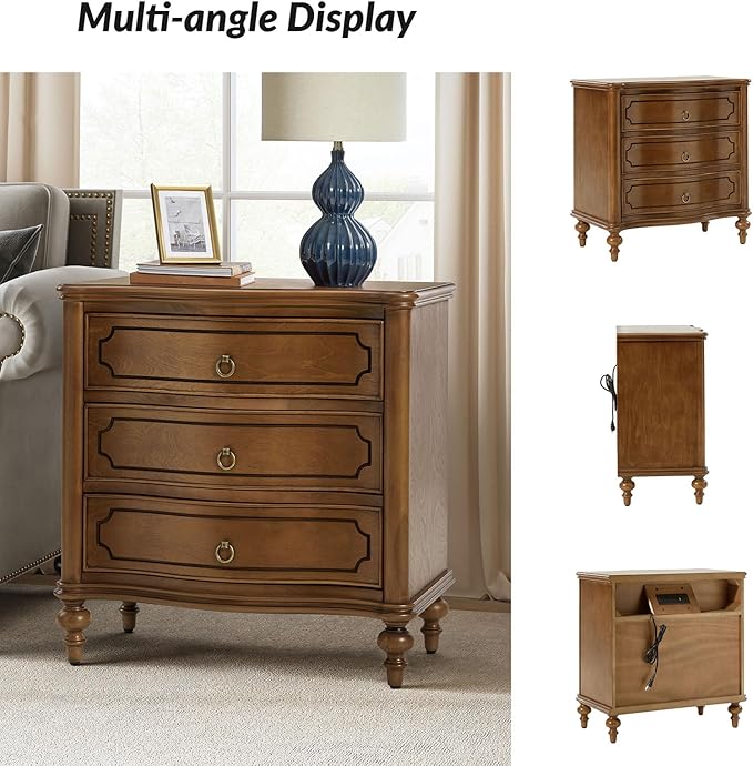 HULALA HOME Traditional Side Table with 3 Drawers, Tall Side Table with Curved Front Profle Desgin, Charging Station, Solid Wood Legs, SEADRIFT