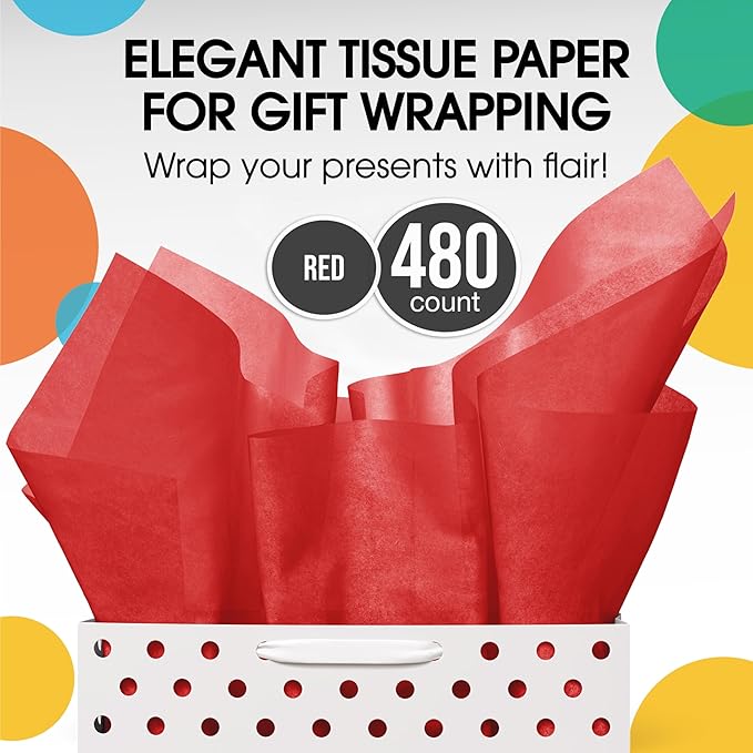 Party Solids Red Tissue Paper for Gift Bags - 15" X 20" Bulk Tissue Paper Red 480 Sheets - 10lb Newsprint for Packing, Birthday Gift Box Filler, Packing Supplies for Moving Supplies