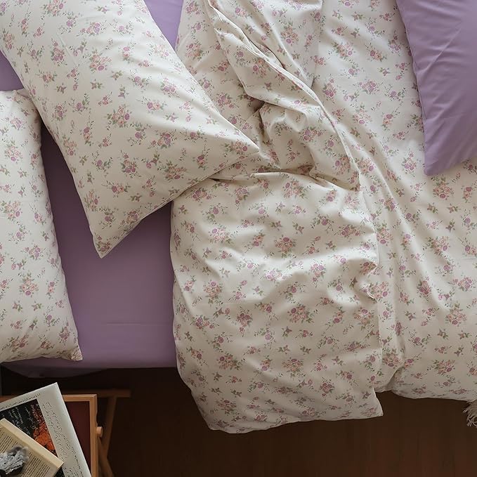 EAVD Vintage Style Pink Purple Floral Duvet Cover King Soft White Soft Cotton Chic Garden Floral Bedding Set with 2 Pillowcases Reversible Floral Print Comforter Cover with Zipper Closure