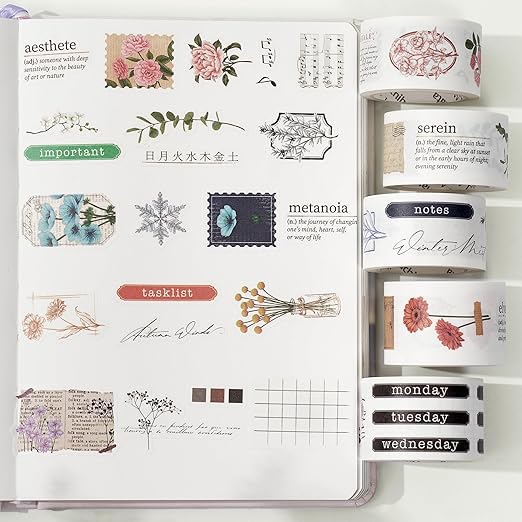 WT Seasonal Splendor Washi Tape Sticker Set, 5 Rolls, Original Designs, Vintage Watercolor Floral Design, Adhesive Stickers for Junk Journals, Scrapbooks, Bujo, Planners, DIY Crafts