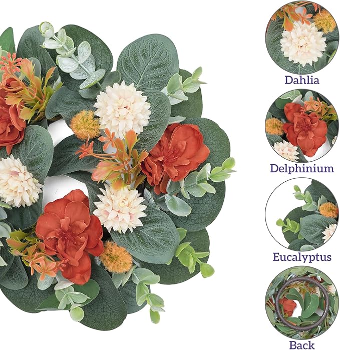 2 Pcs Mini Fall Orange Floral Candle Rings Wreaths for Pillars Home Table Window Decor, 9 Inches Artificial Flower Cabinet Wreath for Autumn Kitchen Farmhouse Wedding Party (Orange Delphinium)