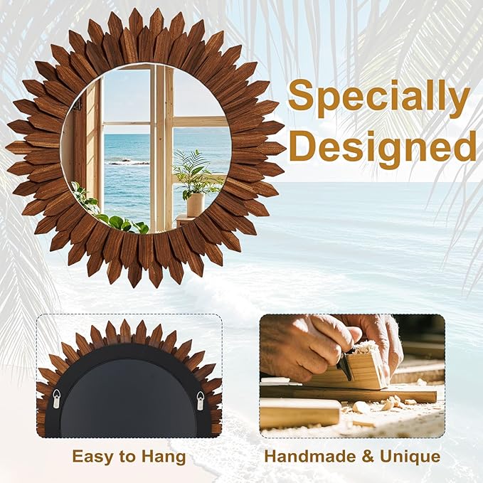 Boho Wood Sunburst Round Wall Mirror, 24 Inch Rustic Circle Wooden Frame Decorative Mirror for Farmhouse Coastal Home, Home Wall Decor for Living Room Entryway Bedroom, Walnut