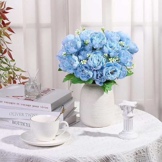8 Pack Blue Peonies Artificial Flowers, Fake Silk Hydrangea Bouquet for Bridal Wedding Home Table Decor Reusable Dining Opening Ceremony Birthday Arrangement Faux Floral