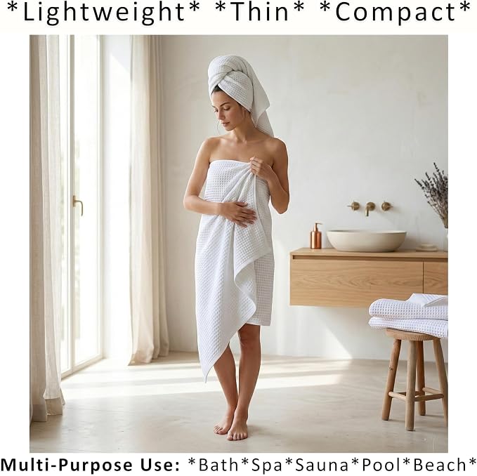 PÜSKÜL 4-Piece Natural 100% Turkish Cotton Luxury Waffle Towels for Bathroom | Premium Quality Honeycomb Weave 2 Hand Towel & 2 Bath Towel Set | Soft Absorbent Quick-Dry Lightweight Towels (White)